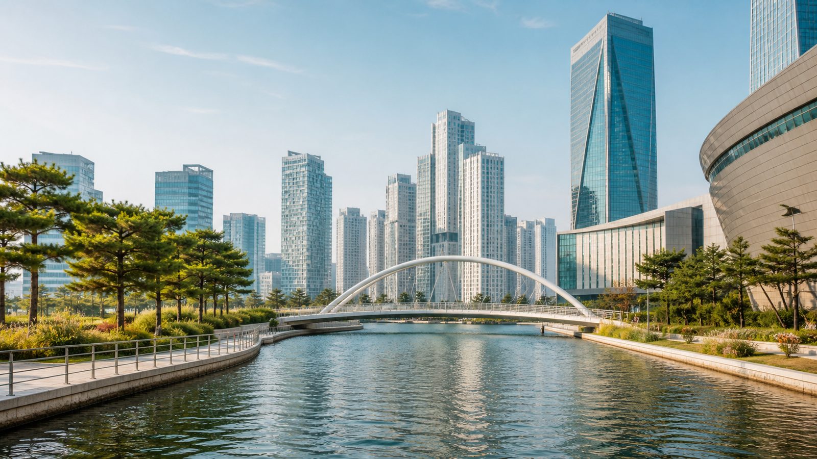 송도 수변 공원과 현대 도심을 표현한 연출 이미지