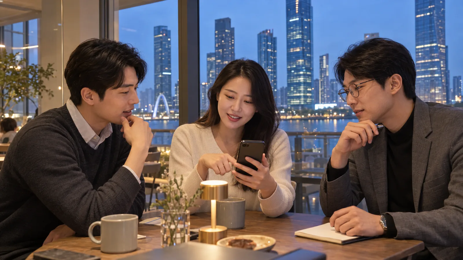 송도 야경을 배경으로 첫 방문 계획을 상의하는 한국인 직장인 세 명